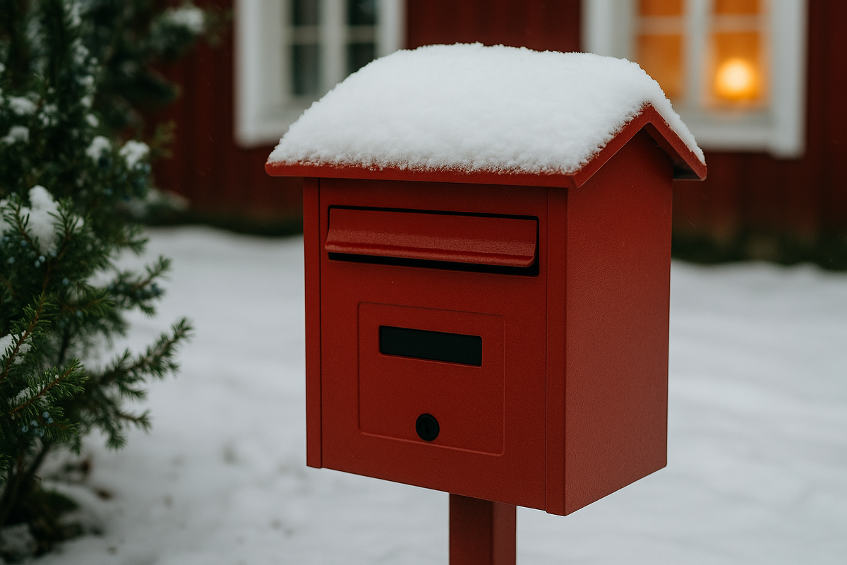 A snow-covered red Finnish mailbox stands outdoors near evergreens and a warmly lit house on a quiet winter day.