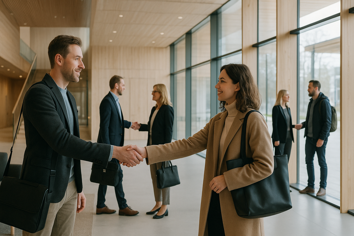 A modern Finnish office lobby where colleagues greet each other briefly and keep natural distance.
