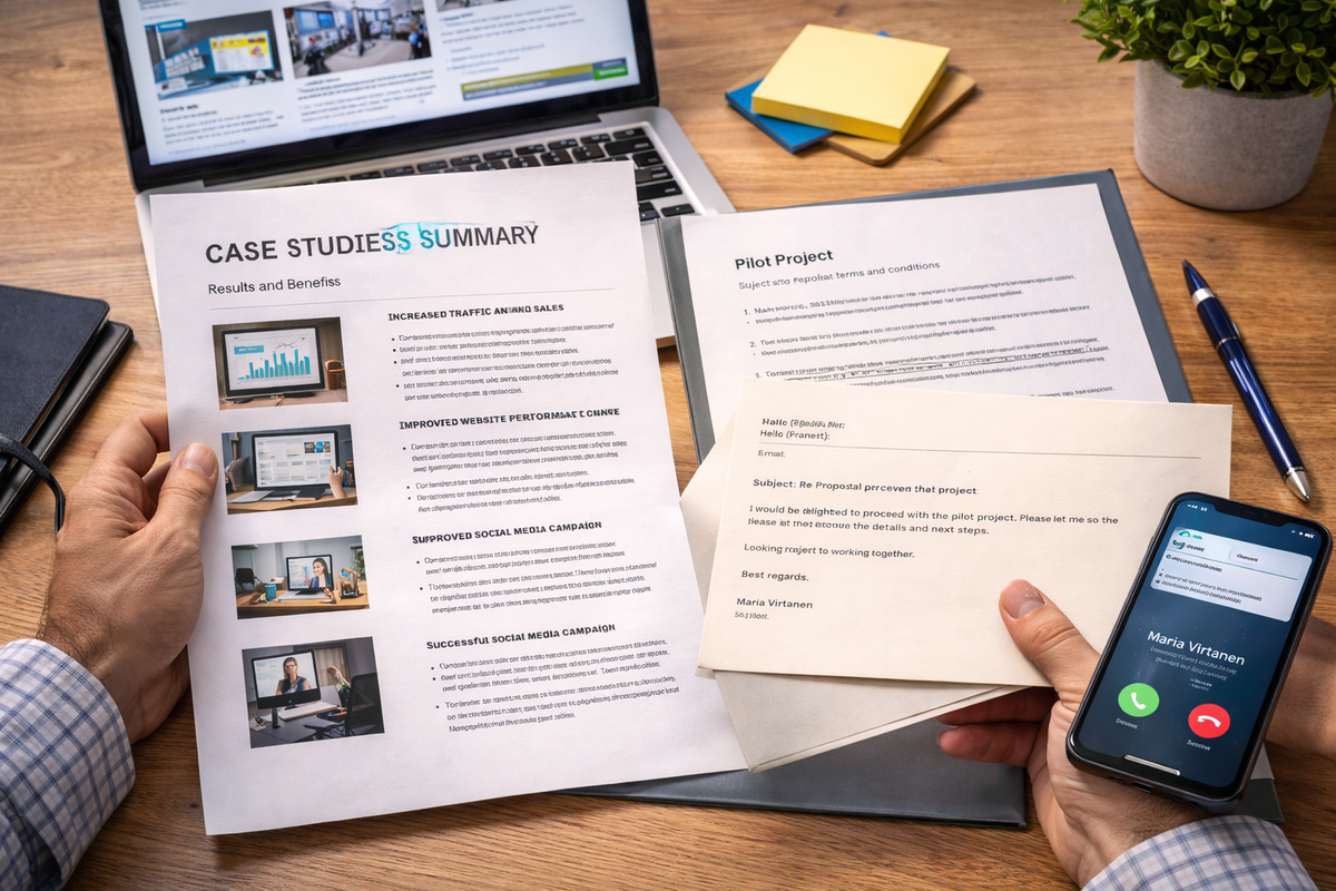 Case studies and pilot proposal on desk, first client call incoming.