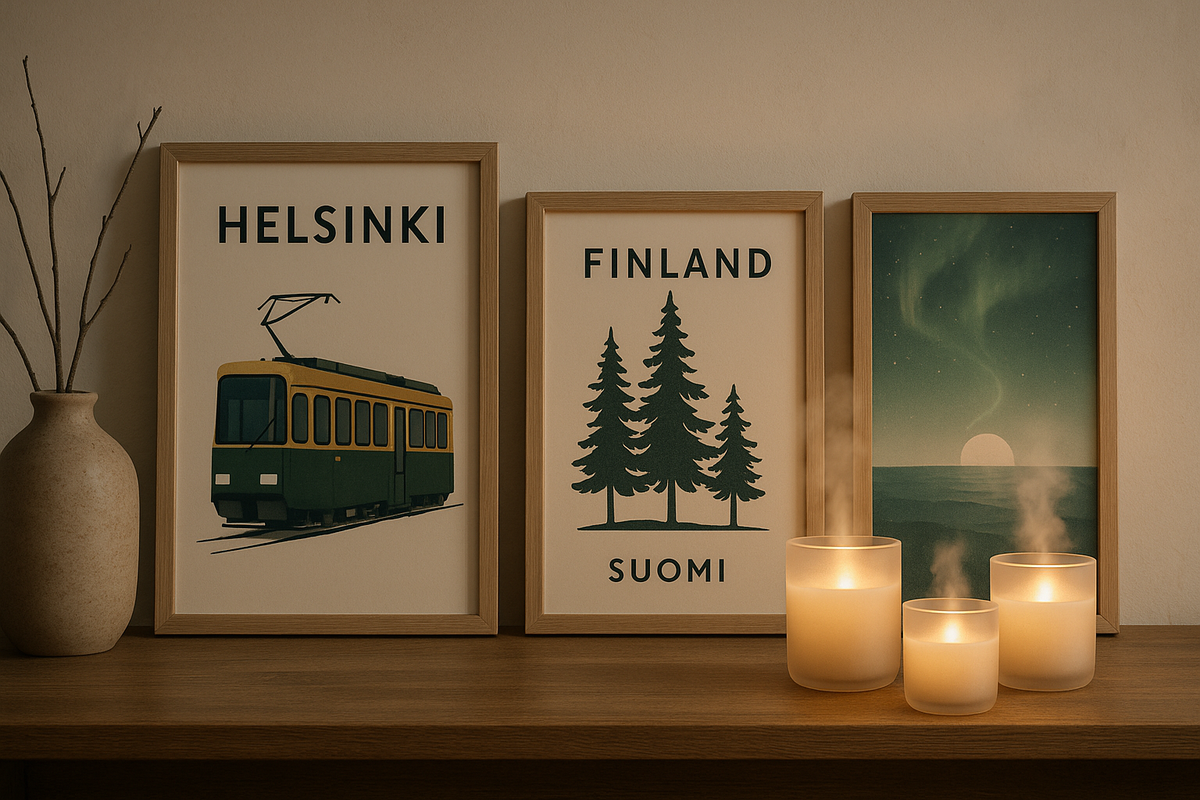 A cozy Nordic interior corner displays Finnish forest–scented candles and minimalist posters of a tram, pines, sea and northern lights.