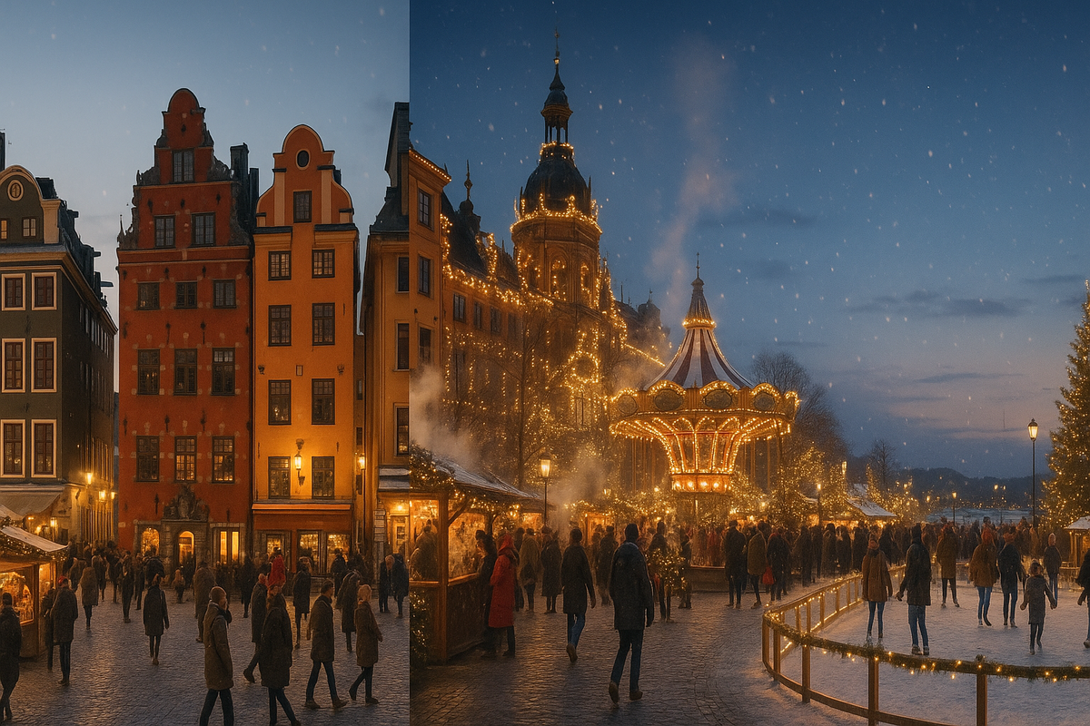 Four winter city scenes show Helsinki, Stockholm, Copenhagen and Oslo with very different Christmas market atmospheres, from windy seafront square to postcard Old Town, carnival lights and calm fjord-side stalls.