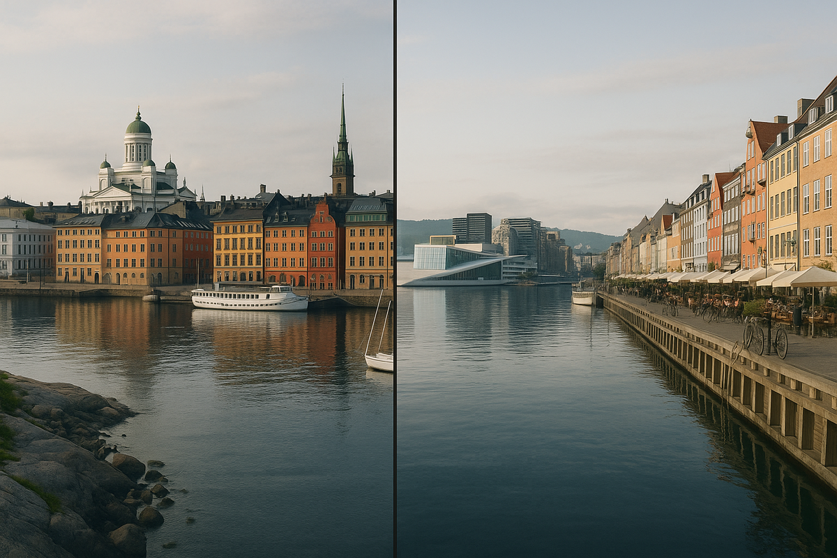 A wide panoramic view shows Helsinki, Stockholm, Oslo and Copenhagen side by side, each with its own mix of sea, city and nature to help choose a first Scandinavian trip.