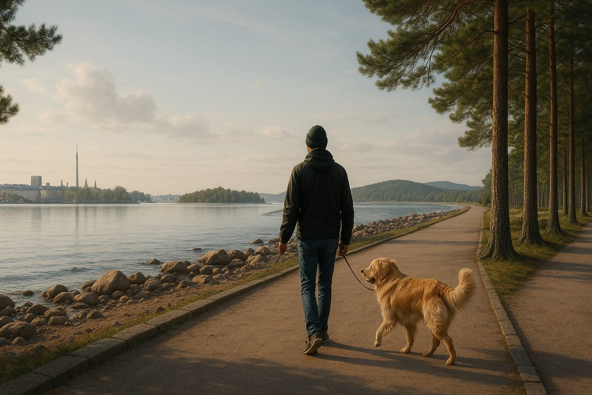 A person and their dog stroll along a Finnish shoreline where sea, pines and wide paths hint at the different weekend moods of Helsinki, Turku, Tampere and Oulu.