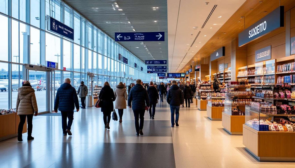 Passengers at Helsinki Airport browse cozy Finnish gift shops located right by the gates after passing security.