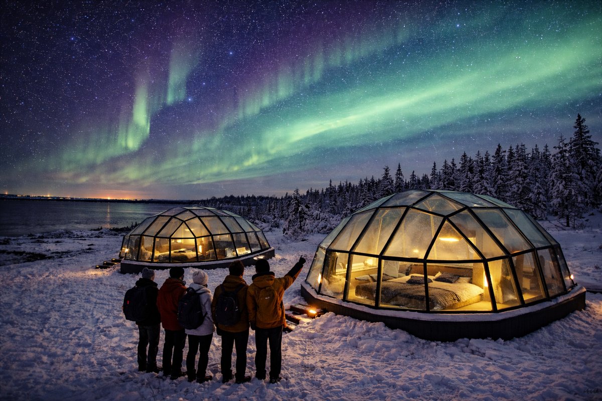 Warm glass igloos under aurora, with guests watching from snowy paths.