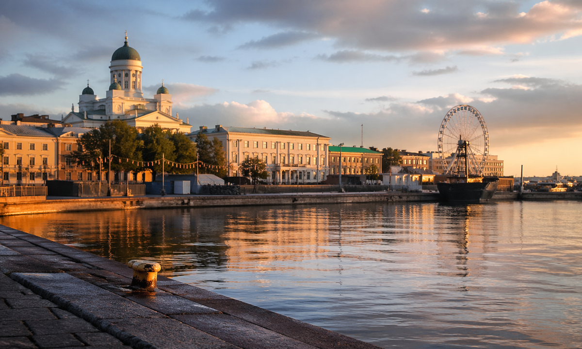 A photographer captures reflections of the waterfront and historic buildings during golden hour by the calm harbor.
