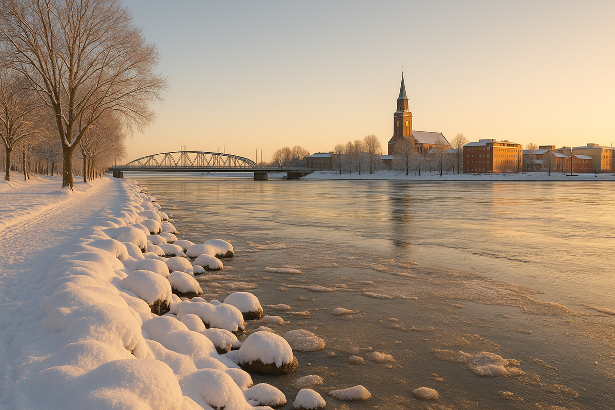 A serene winter sunset in Oulu lights up the snowy riverbank, calm water, bridge, and church spire with soft Arctic-golden tones.