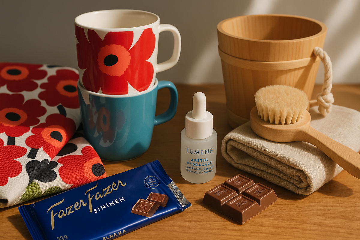 A flatlay of high-quality Finnish gifts like Marimekko, Iittala and Lumene.