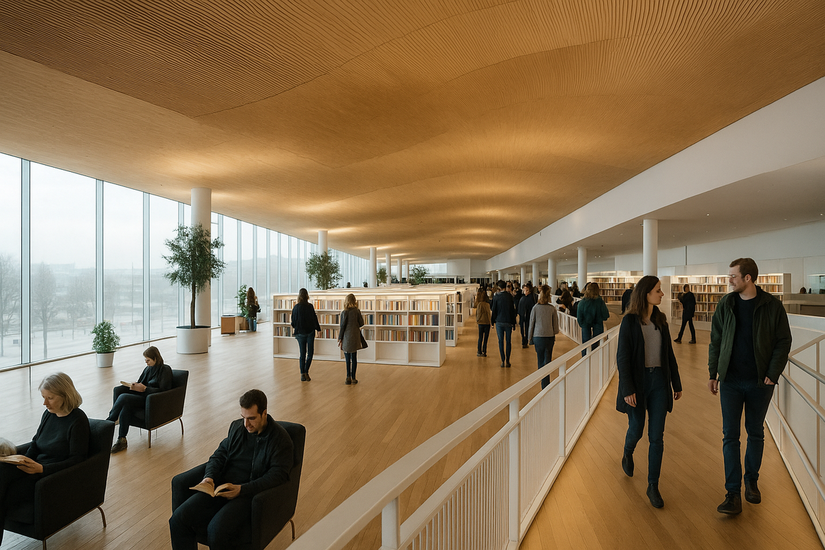 The airy interior of Oodi library with wooden waves, ramps and people moving and reading under soft daylight.