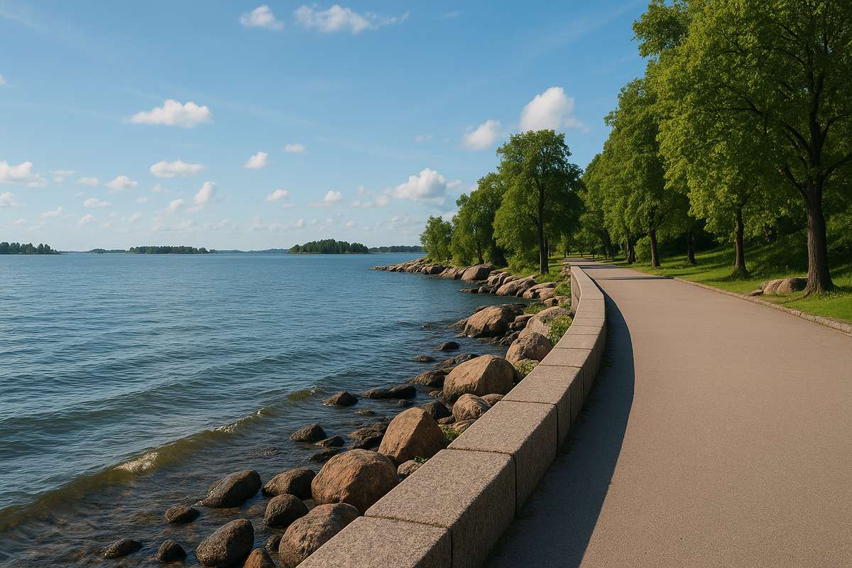 A summer seafront promenade in Helsinki with a granite embankment, calm waves and trees under a lightly cloudy sky.