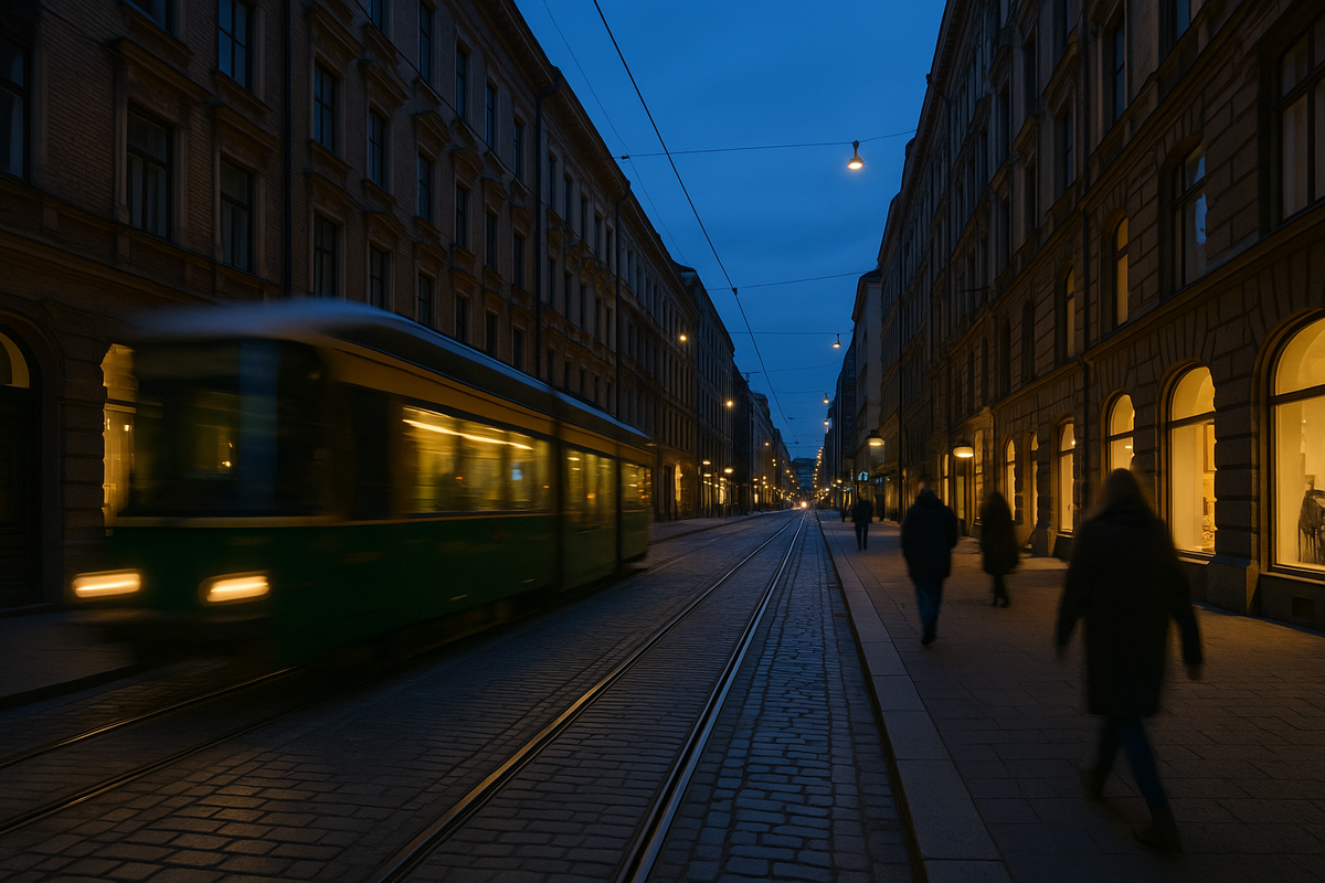 A blue-hour scene on Aleksanterinkatu with a motion-blurred tram, classic facades and a few pedestrians in warm shop light.