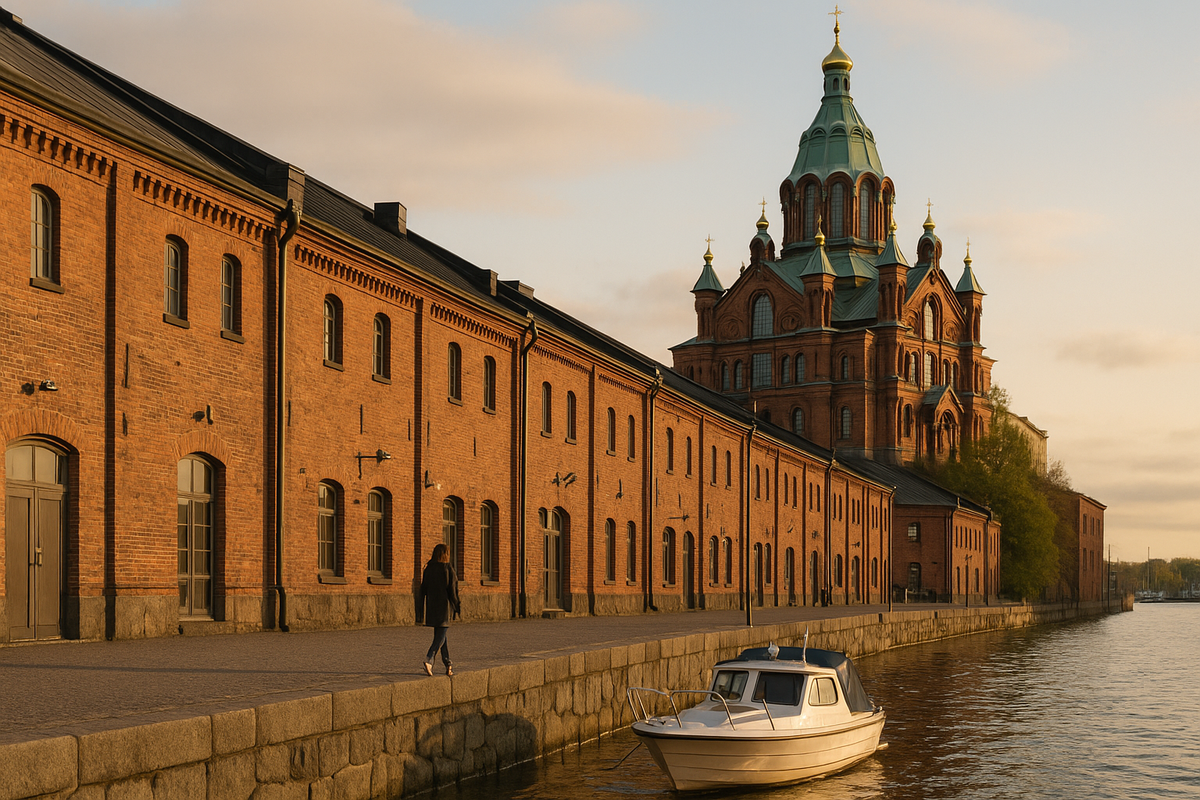 Uspenski Cathedral and red brick warehouses reflected in the water at Kanavaranta with a lone passer-by on the quay.