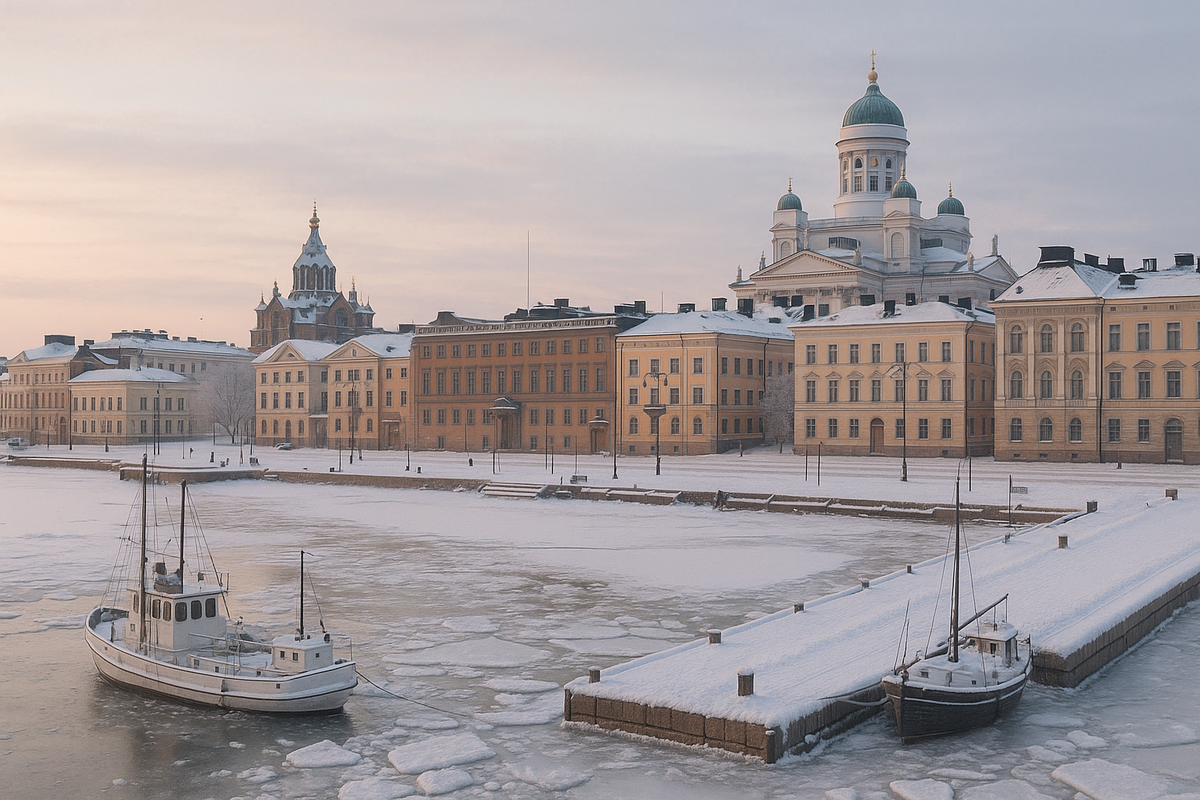 A cold winter view of Helsinki harbor with a snowy quayside, frozen water and soft low daylight.