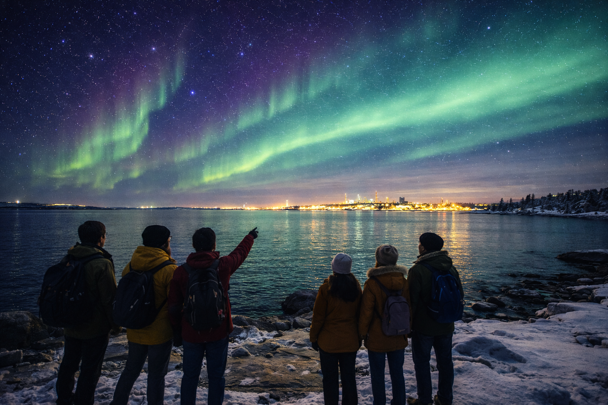 Rare aurora over Helsinki sea horizon, far beyond city lights.