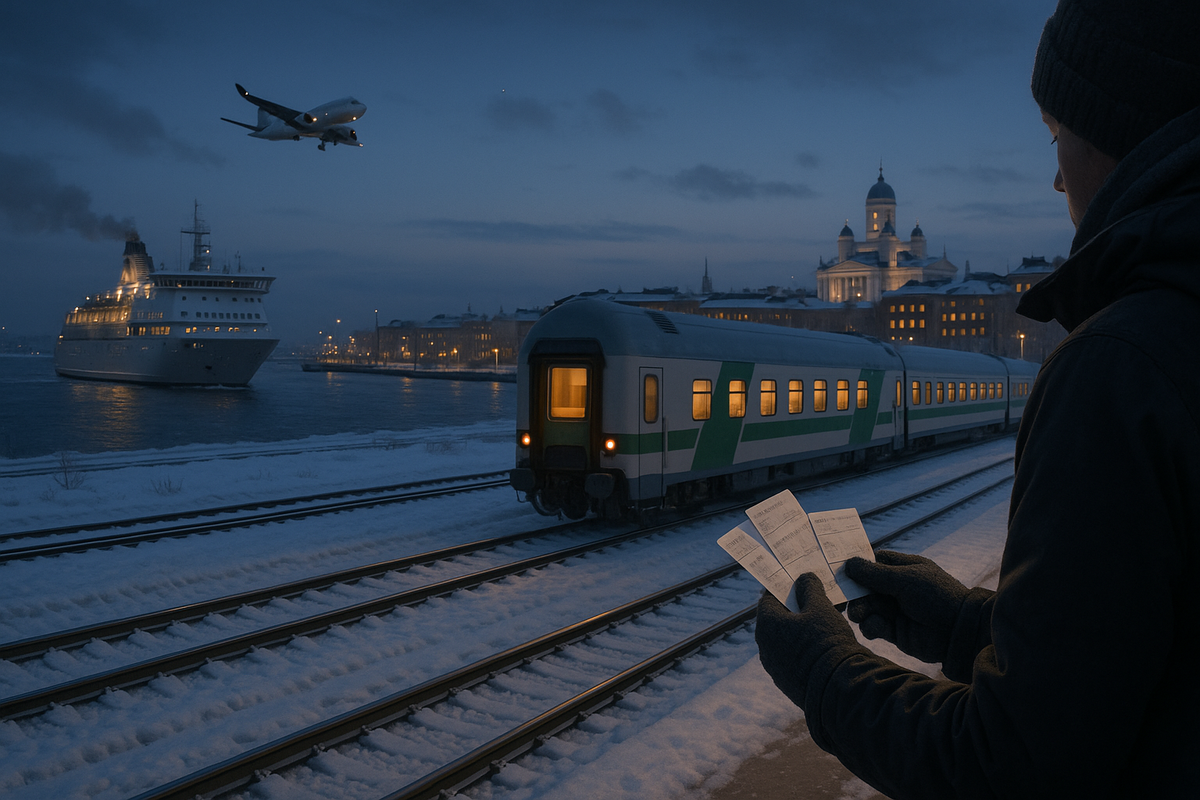A traveler in snowy Scandinavia looks at multiple tickets while a night train, a ferry and a plane move around them, hinting at how much winter transport really adds to the holiday bill.