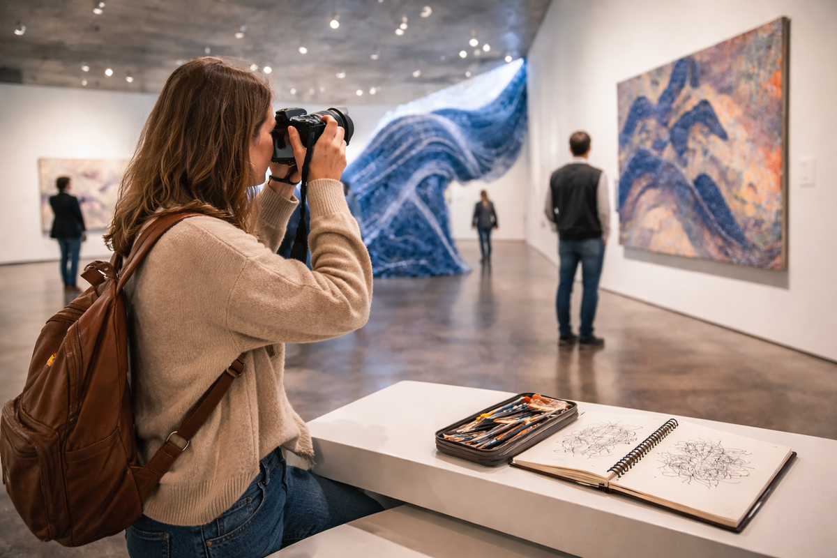 Visitor photographs contemporary art while sketching tools rest nearby