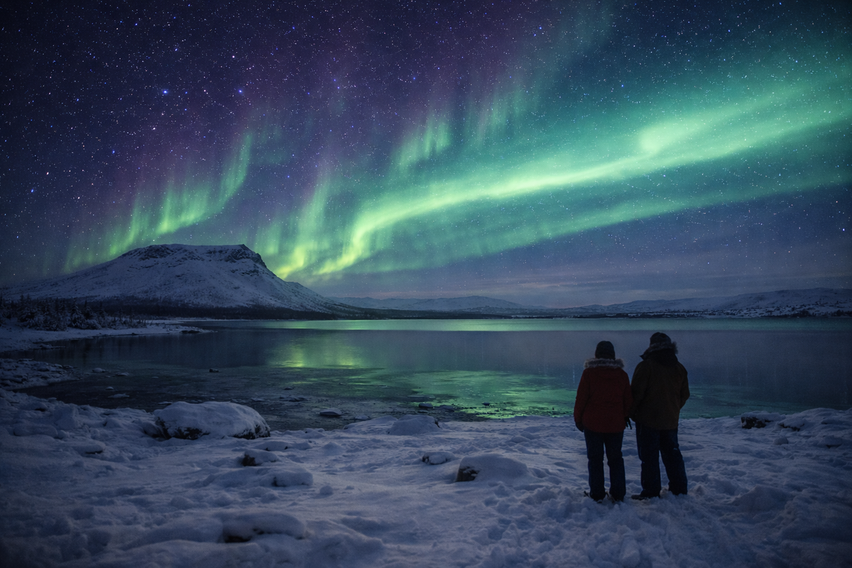 Open tundra lake and mountain horizon under intense Lapland aurora.