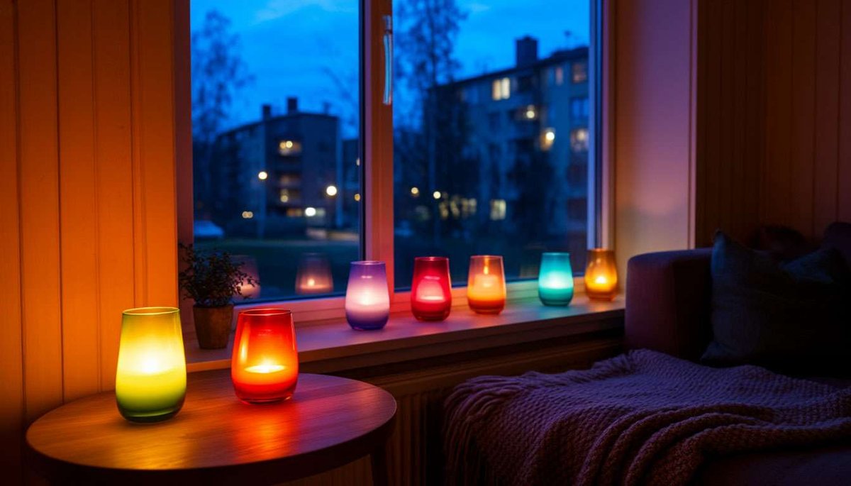 A Finnish living room glows softly with Iittala Kivi candleholders that turn evening darkness into a calm, cozy atmosphere.