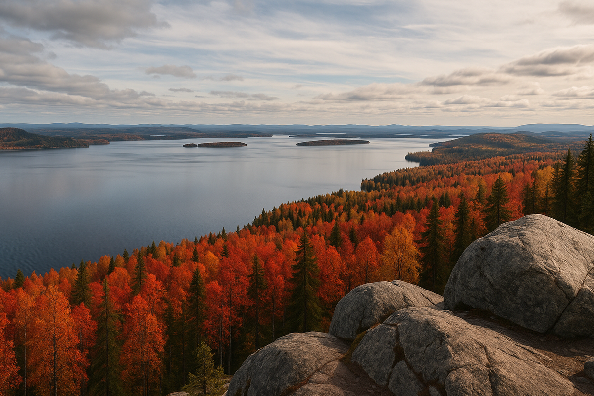 An autumn ruska panorama from a rocky Koli viewpoint over Lake Pielinen and layered forested hills.
