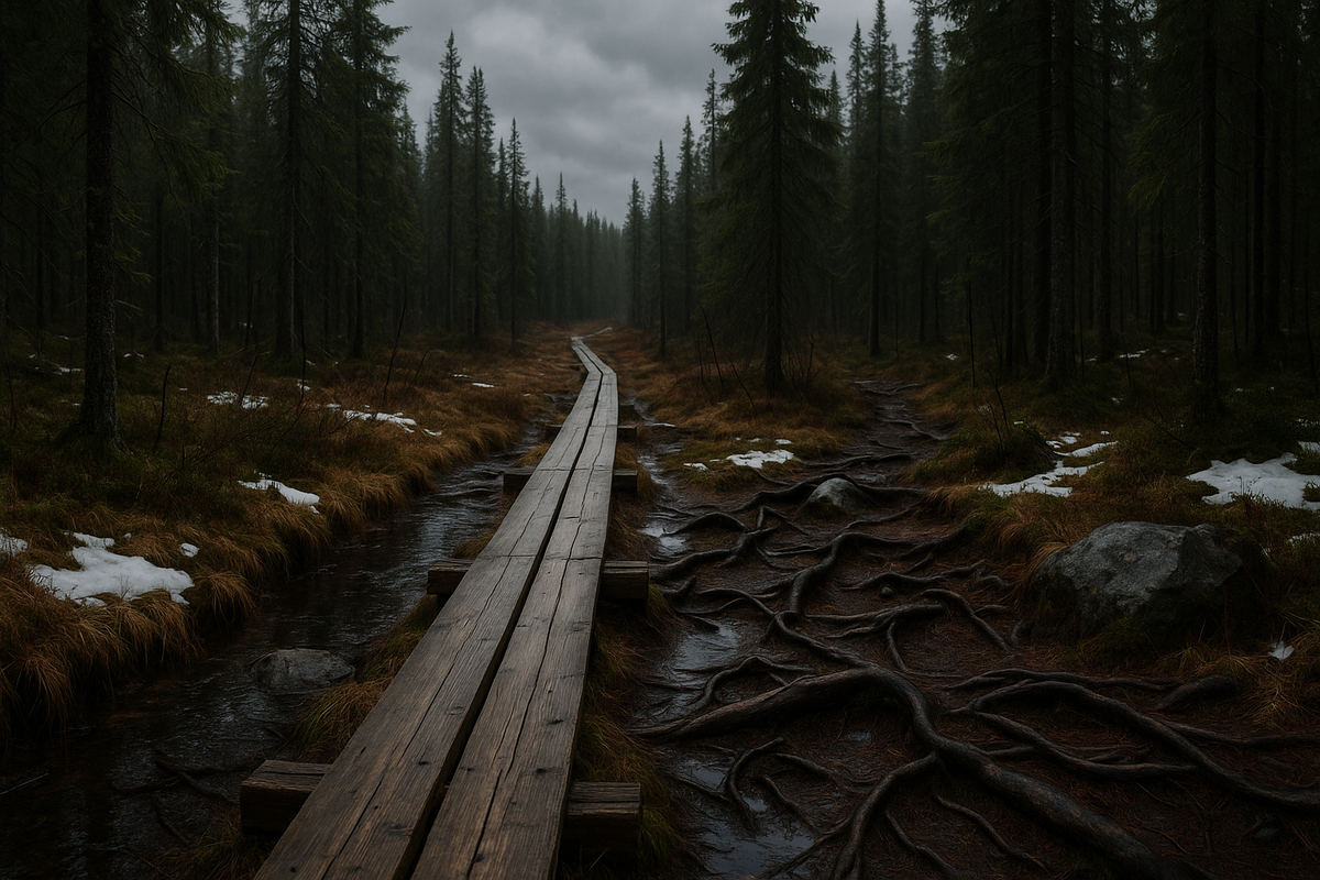 A late-autumn forest trail near Kuusamo with wet duckboards, patches of snow and dark conifers under grey clouds.