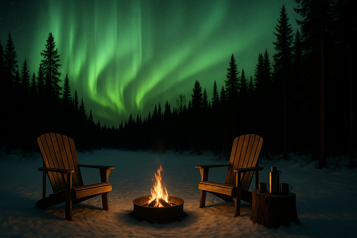 An aurora-watching camp with empty chairs and a firepit under bright northern lights.