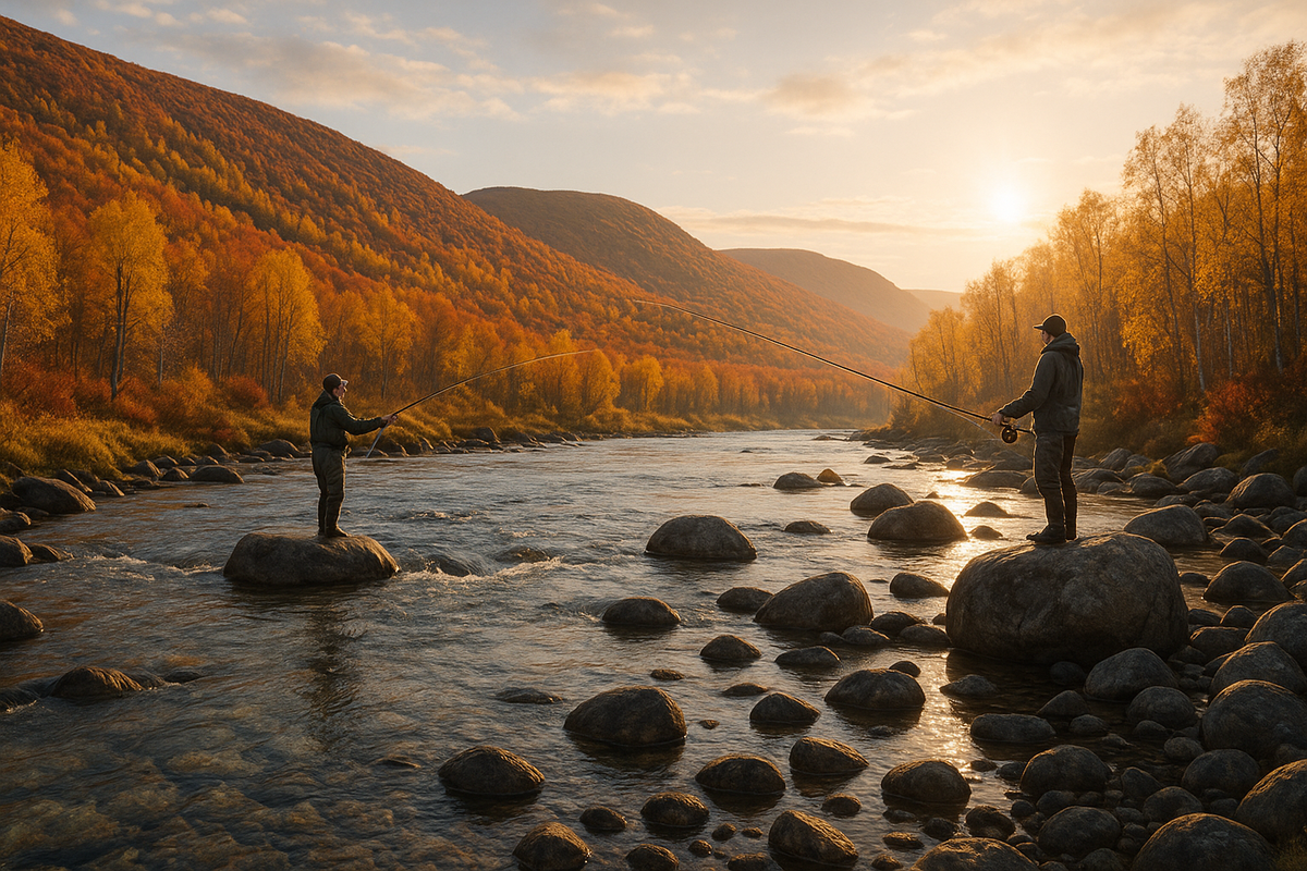 Anglers in waders fly-fish on a clear Lapland river surrounded by bright ruska hills and golden light.