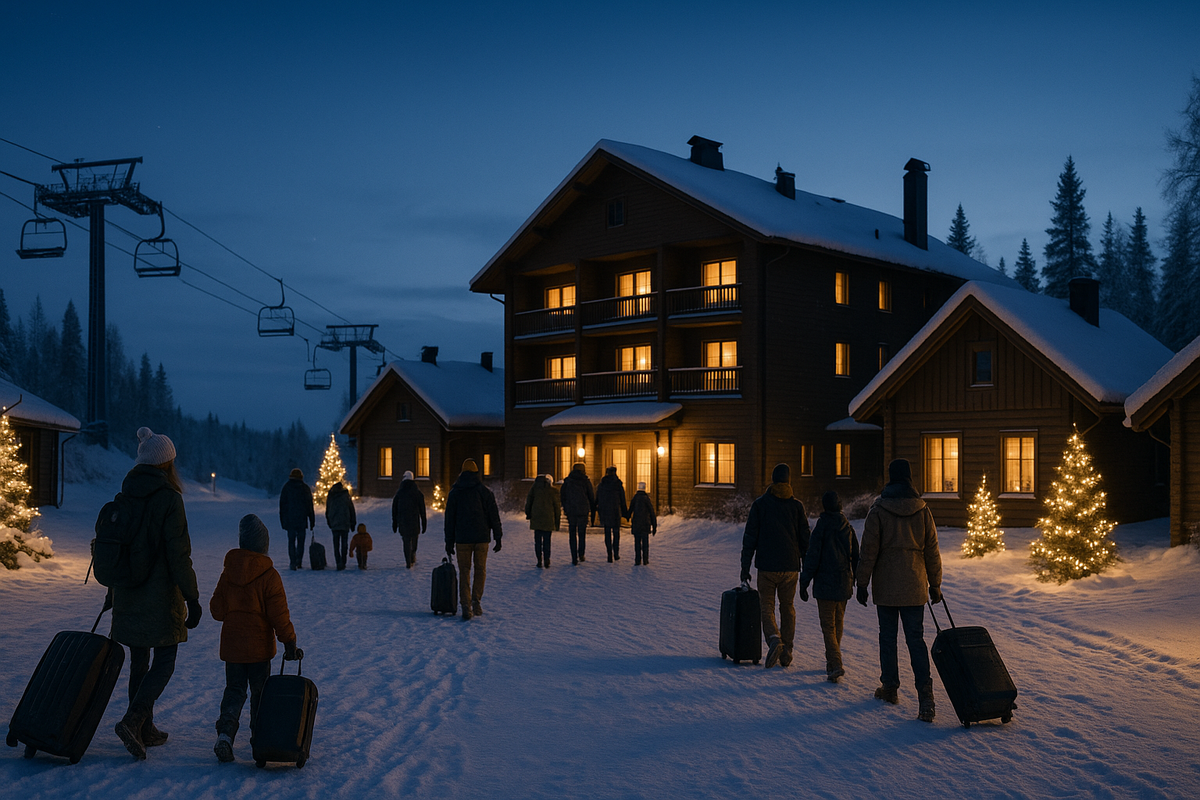 Families in winter clothes arrive with suitcases at a warmly lit Lapland ski resort hotel under snowy twilight skies.