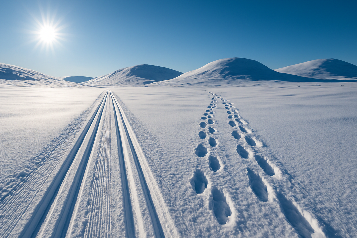 Cross-country ski tracks and snowshoe prints on a sunny snowy fjell plateau.