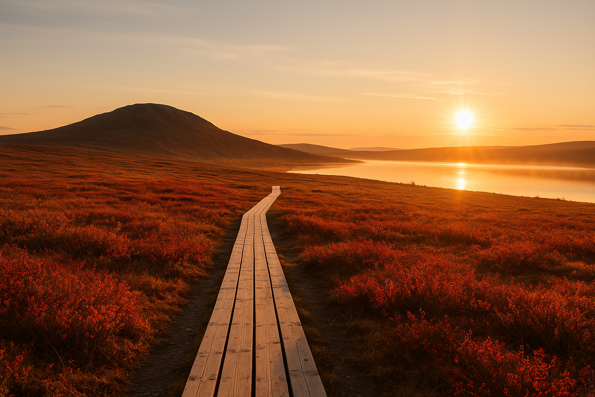 A wooden boardwalk through ruska-coloured tundra towards a lake in warm low sunlight.