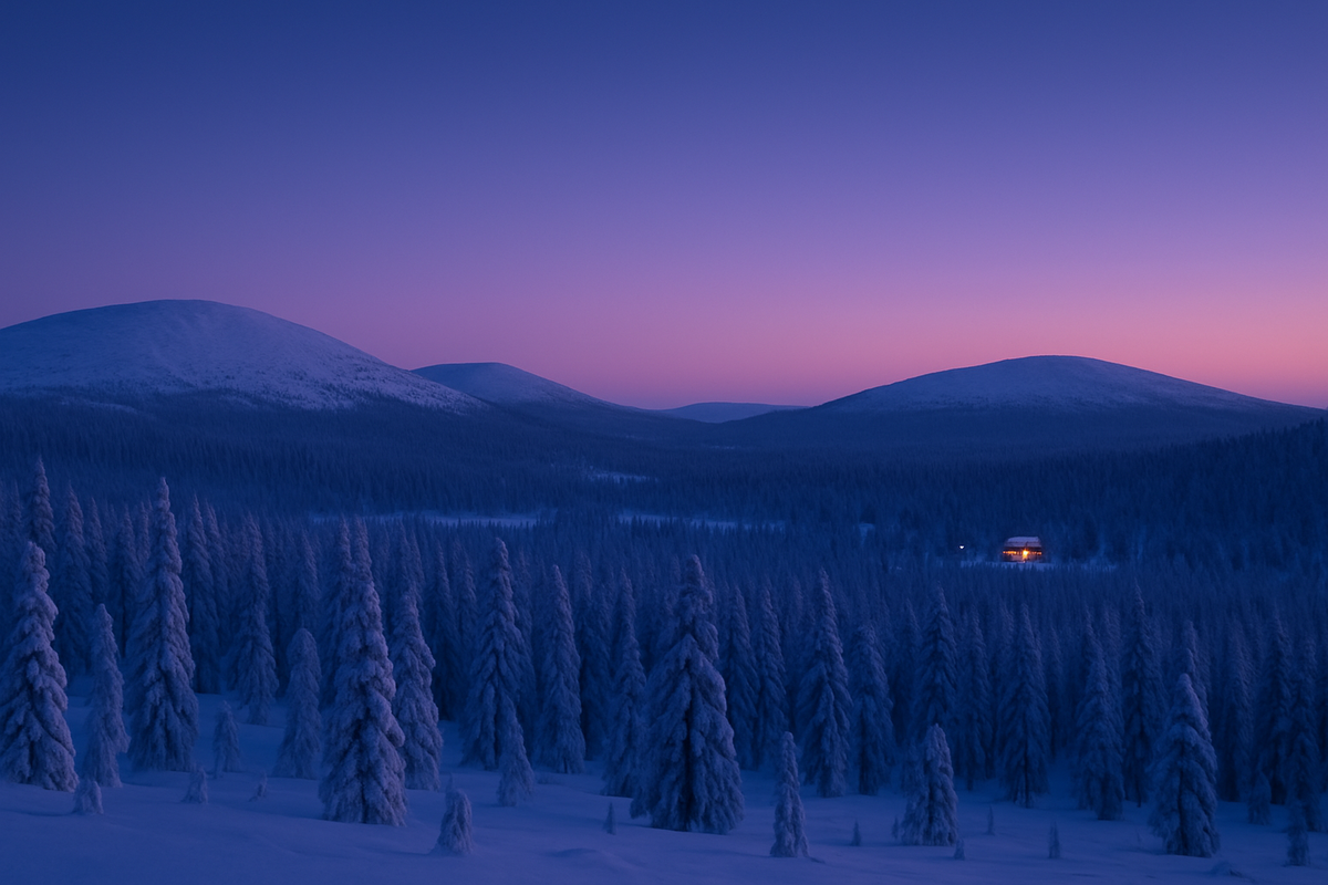 Snowy Lapland fells and forest under deep blue polar twilight with a soft glow on the horizon.