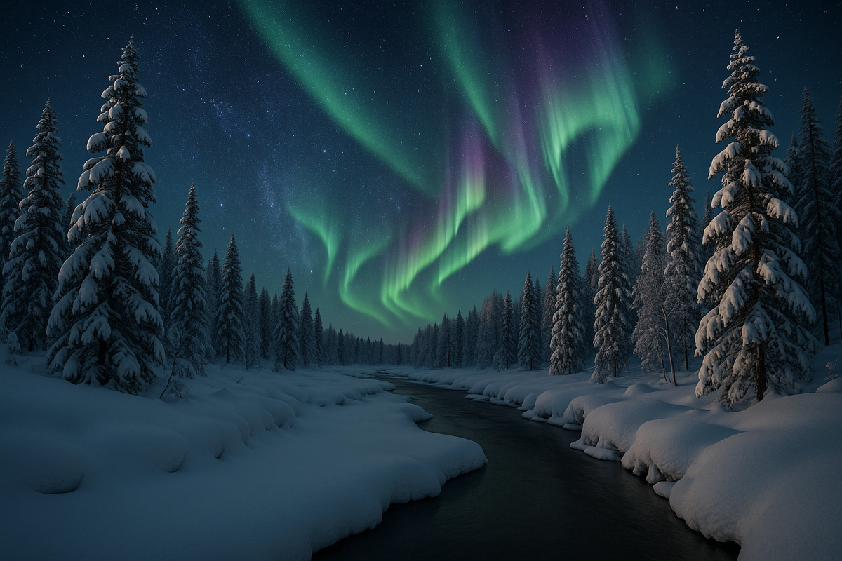Snowy pine trees and a frozen river in Finnish Lapland under bright green and purple northern lights in a clear starry winter sky.