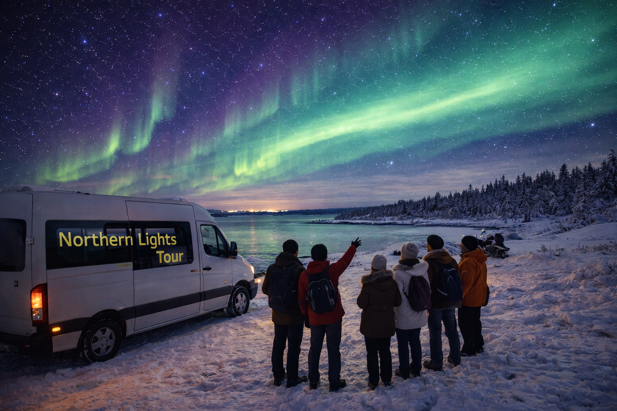 Group tour stops in snowy Lapland to watch auroras together.
