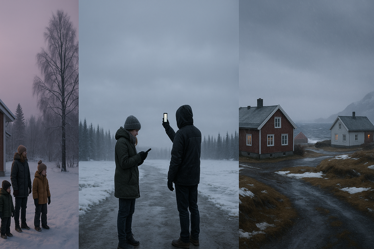 A panoramic winter scene contrasts Lapland’s social-media myths with real conditions: short daylight, clouded auroras and uneven snow across Finland, Norway and Sweden.