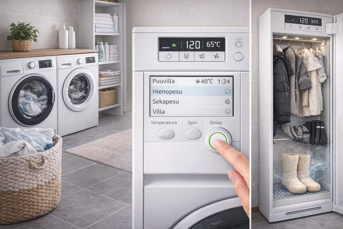 Finnish laundry setup with washer, dryer, and drying cabinet for winter gear.