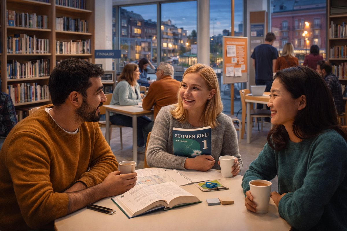 Cozy library meet-up where newcomers practice Finnish through everyday conversation.