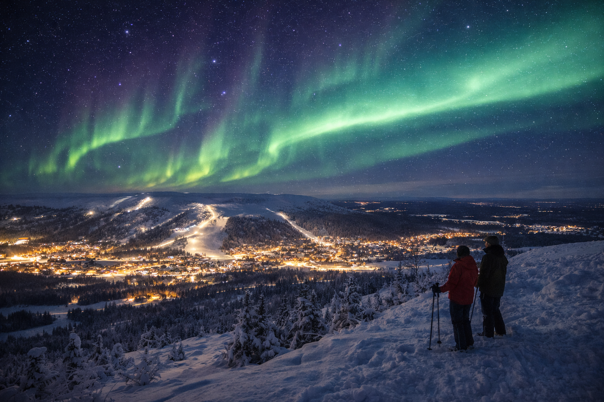 Aurora above Lapland ski resorts, with dark hills beyond village lights.