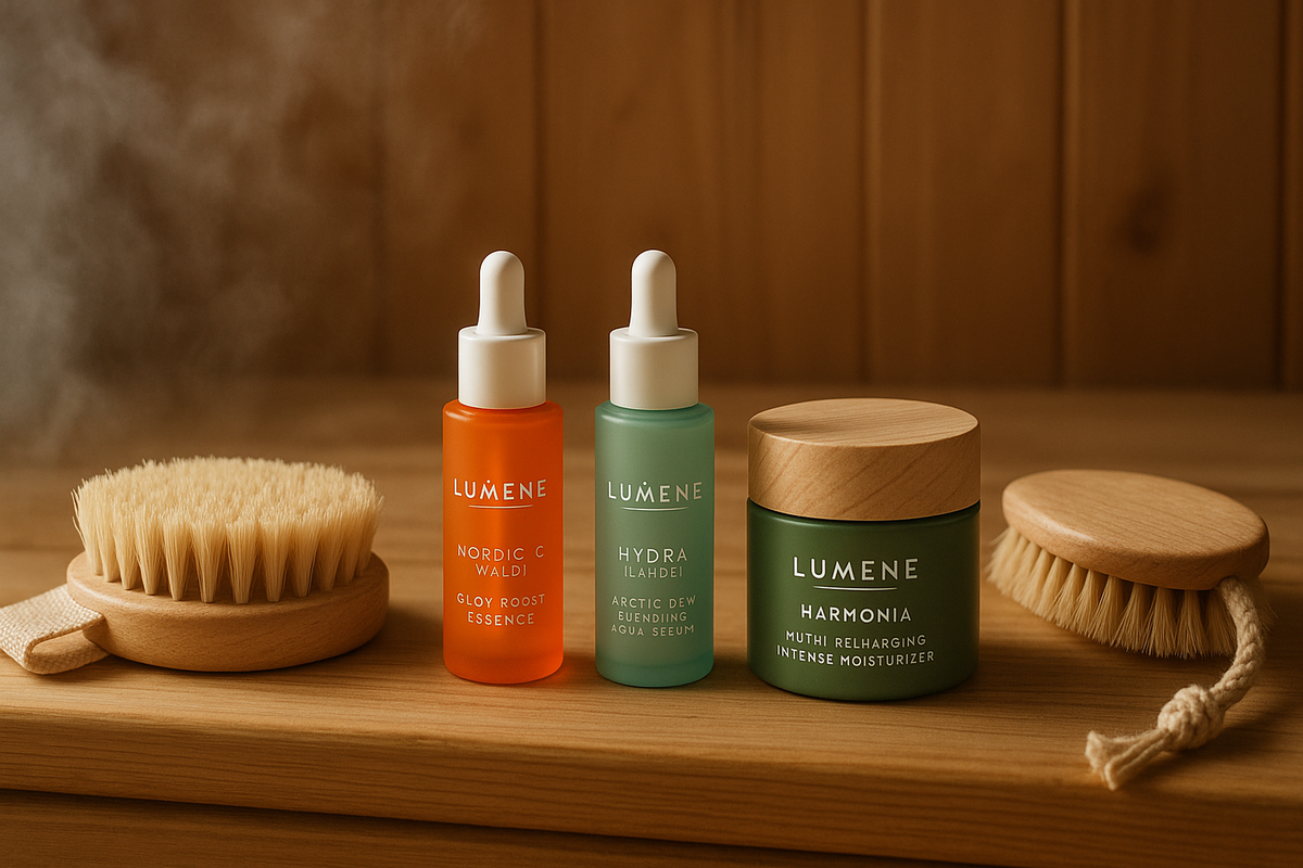 Lumene skincare and natural dry brushing brushes are arranged in a warm Nordic spa setting to show post-sauna hydration and wellness rituals.