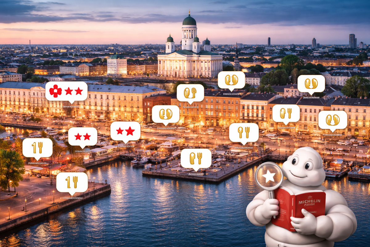Helsinki skyline at dusk, hinting at Michelin-rated spots across districts.
