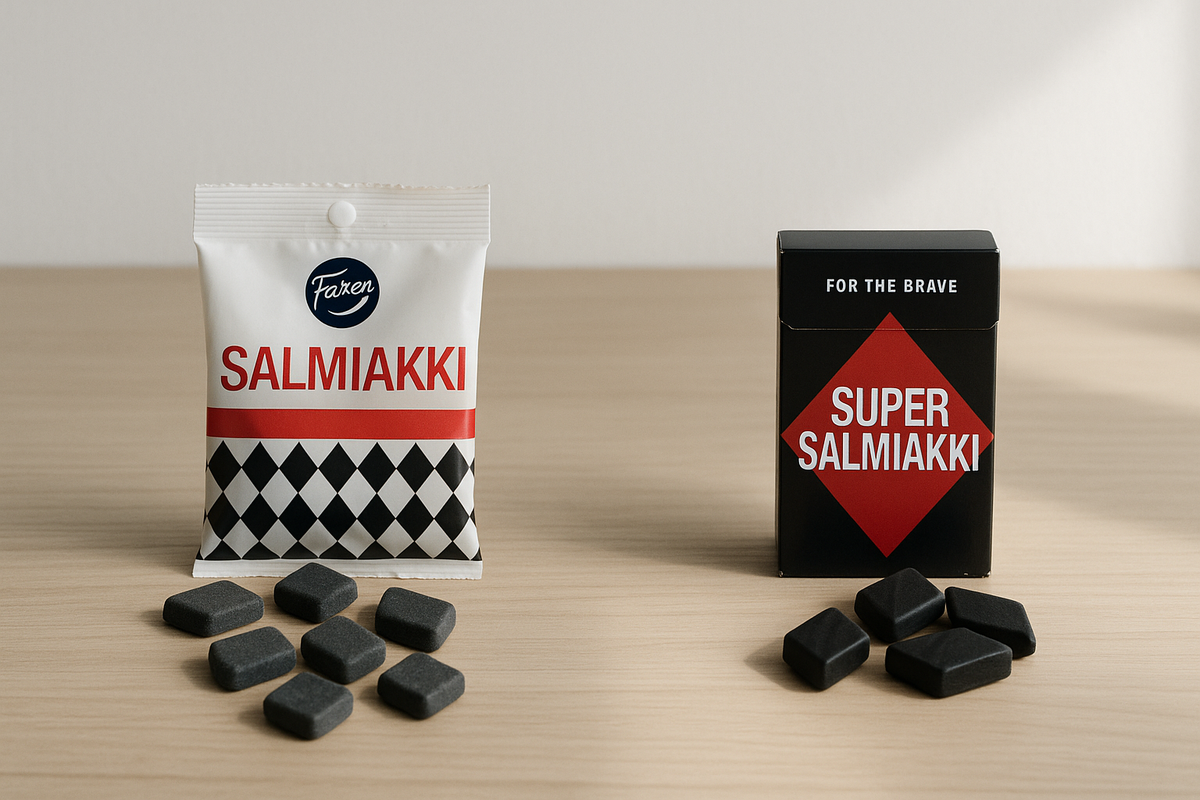 Two contrasting salmiakki varieties, mild and extreme, are displayed side by side to illustrate why one is a universal gift and the other an acquired taste.