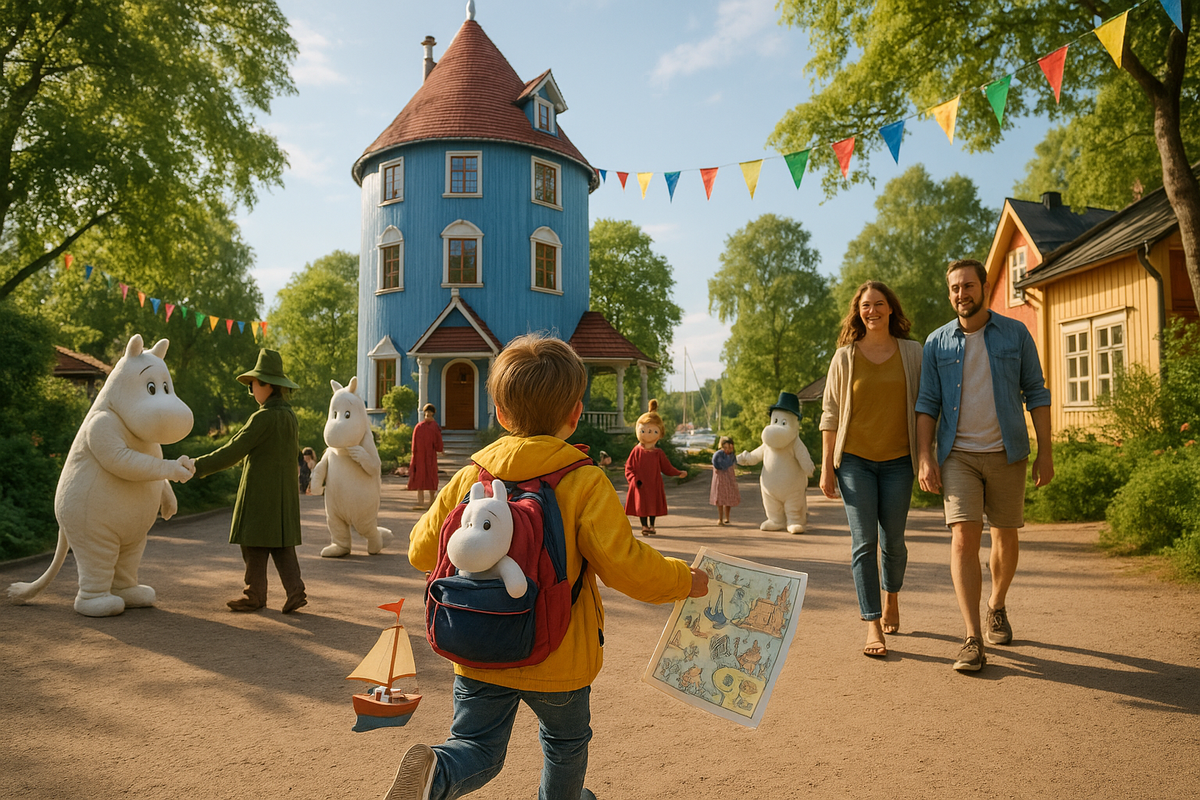 A young child explores a Moomin-themed park in Finland, following a story-based route with castles, ships and friendly characters while parents stroll nearby.