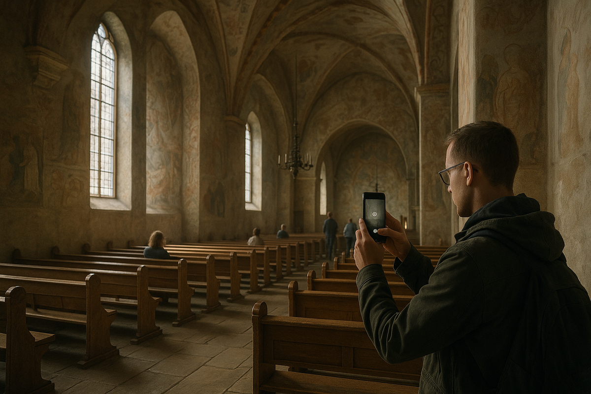 Visitors in a dim historic chapel carefully take photos without flash, relying on soft natural light to preserve the calm atmosphere and protect the old frescoes.