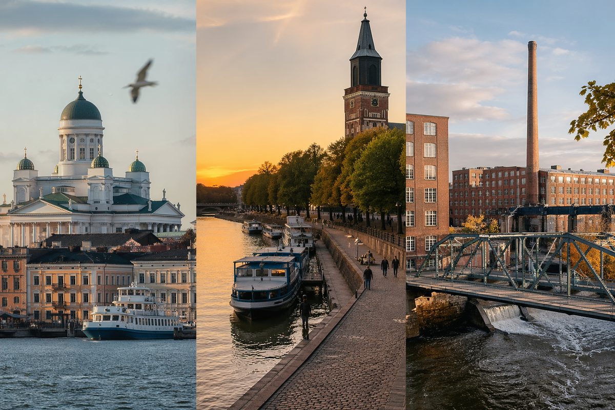 A panoramic triptych of Finland’s cities showing Helsinki’s waterfront architecture, Turku’s sunset river promenade, and Tampere’s industrial bridges, each capturing a distinct mood, light, and urban rhythm in one visual journey.