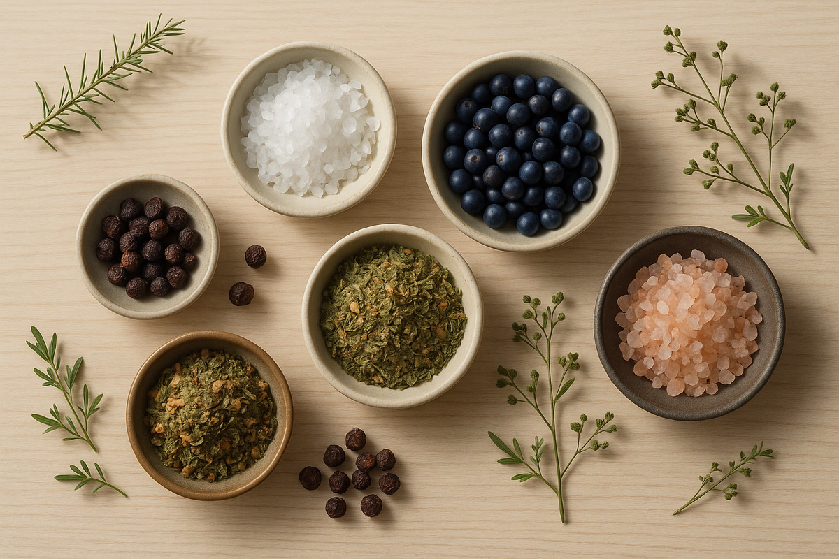 A collection of Nordic spices, herbs and specialty salts creates a natural, earthy still-life that reflects Finland’s love for pure flavors.