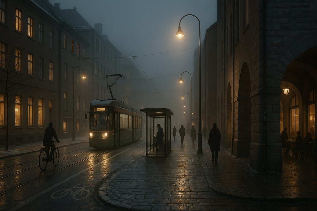 A winter street scene highlights how thoughtful infrastructure and warm urban details keep Nordic cities inviting even in cold, dim weather.