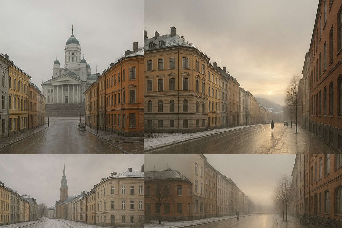 A wide winter panorama shows Helsinki, Stockholm, Oslo and Copenhagen side by side, each with its own distinct kind of short, muted daylight and mood.