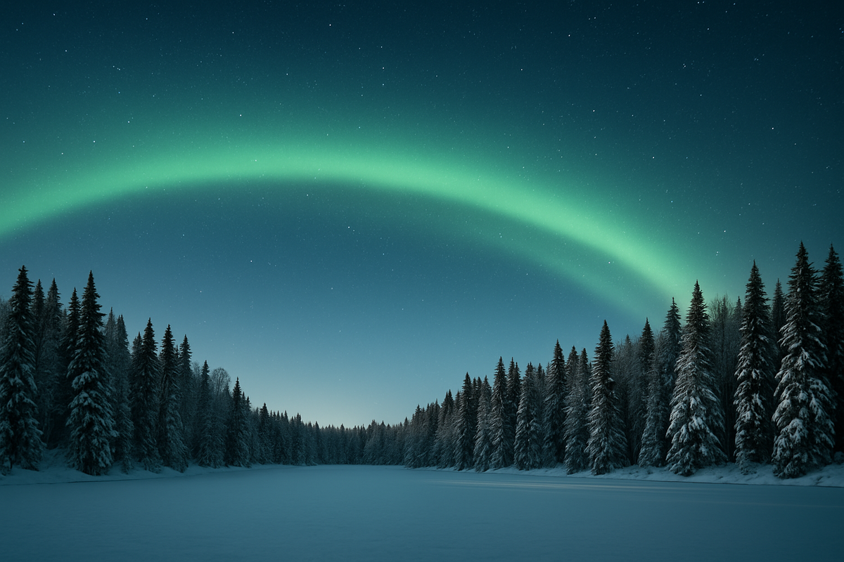 Gentle green aurora above a snowy Nordic forest and frozen lake.