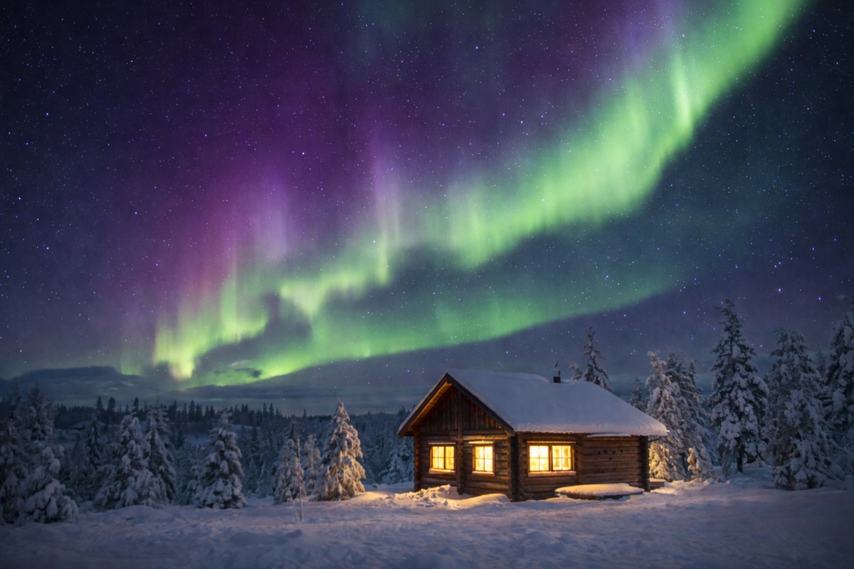 Aurora waves over a snowy cabin night in Finnish Lapland.