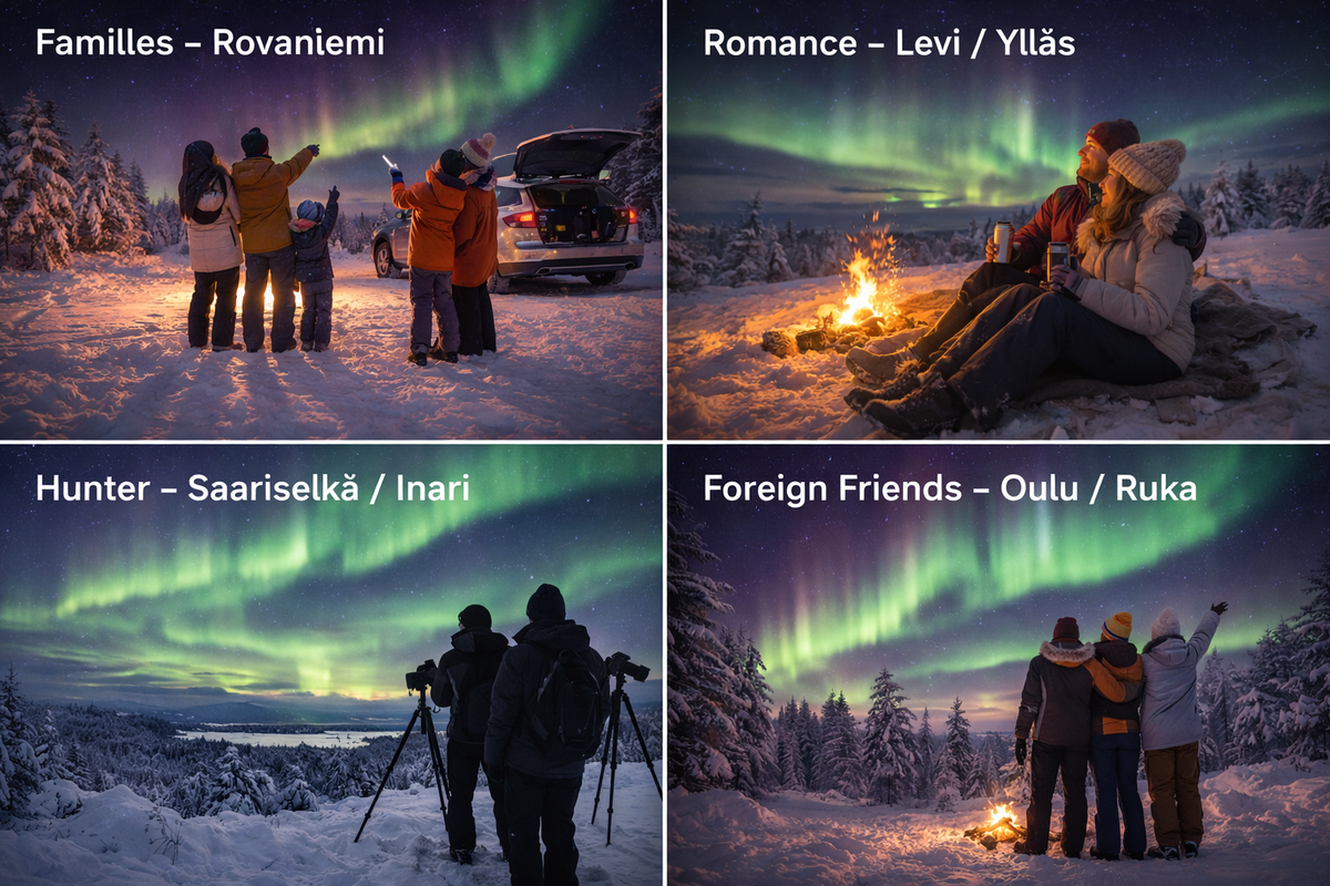 Different groups enjoy auroras across Lapland, Oulu, and Ruka nights.