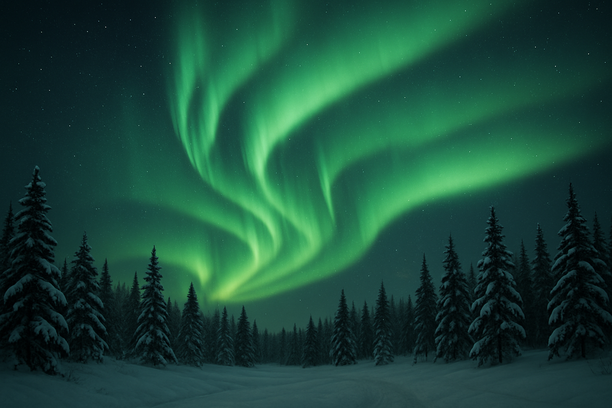 Vivid green aurora ribbons dance across a starry night sky above a snowy Finnish forest of dark evergreen trees.