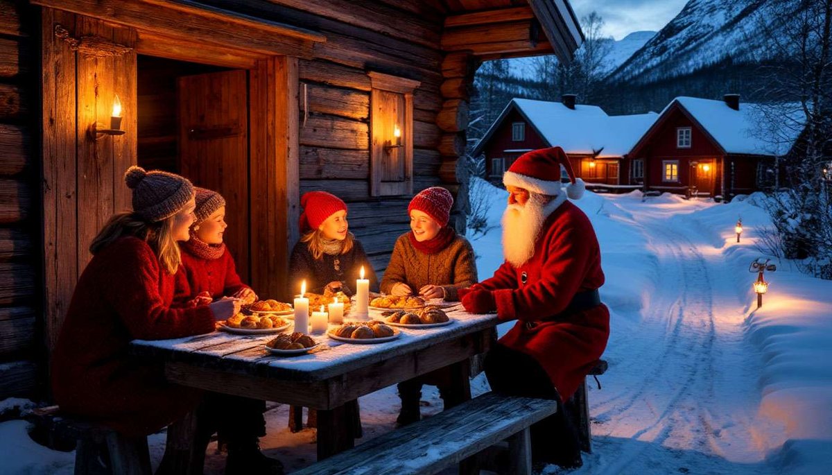 A Norwegian family celebrates Christmas in a small mountain village home as a quiet Julenisse appears by the doorway, with candles, home-baked treats and torchlit snowy paths creating a feeling of belonging.